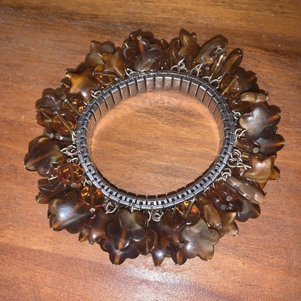 Vintage Topaz Brown  Cha Cha Metal Expansion Bracelet‎ Silver tone Stars Florals